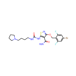 NC(=O)c1c(OCc2c(F)cc(Br)cc2F)nsc1NC(=O)NCCCCN1CCCC1 ZINC000003834191