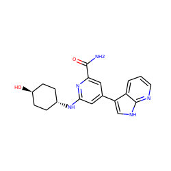 NC(=O)c1cc(-c2c[nH]c3ncccc23)cc(N[C@H]2CC[C@H](O)CC2)n1 ZINC000261172359