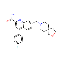 NC(=O)c1cc(-c2ccc(F)cc2)c2ccc(CN3CCC4(CCOC4)CC3)cc2n1 ZINC001772649454