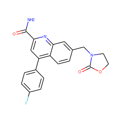 NC(=O)c1cc(-c2ccc(F)cc2)c2ccc(CN3CCOC3=O)cc2n1 ZINC000205633190