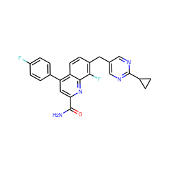 NC(=O)c1cc(-c2ccc(F)cc2)c2ccc(Cc3cnc(C4CC4)nc3)c(F)c2n1 ZINC000221620128