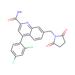 NC(=O)c1cc(-c2ccc(F)cc2Cl)c2ccc(CN3C(=O)CCC3=O)cc2n1 ZINC000221602460