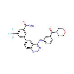 NC(=O)c1cc(-c2ccc3ncnc(Nc4cccc(C(=O)N5CCOCC5)c4)c3c2)cc(C(F)(F)F)c1 ZINC001772634673