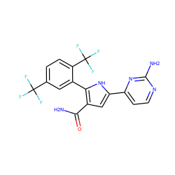 NC(=O)c1cc(-c2ccnc(N)n2)[nH]c1-c1cc(C(F)(F)F)ccc1C(F)(F)F ZINC000143092456