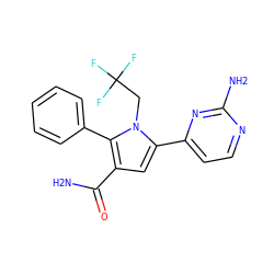 NC(=O)c1cc(-c2ccnc(N)n2)n(CC(F)(F)F)c1-c1ccccc1 ZINC000064526661