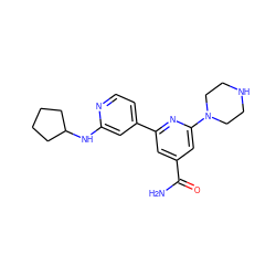 NC(=O)c1cc(-c2ccnc(NC3CCCC3)c2)nc(N2CCNCC2)c1 ZINC000058590965