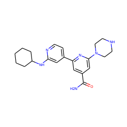 NC(=O)c1cc(-c2ccnc(NC3CCCCC3)c2)nc(N2CCNCC2)c1 ZINC000058563968