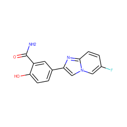 NC(=O)c1cc(-c2cn3cc(F)ccc3n2)ccc1O ZINC001772636722