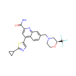 NC(=O)c1cc(-c2cnc(C3CC3)s2)c2ccc(CN3CCO[C@H](C(F)(F)F)C3)cc2n1 ZINC000205643557