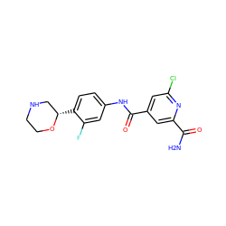 NC(=O)c1cc(C(=O)Nc2ccc([C@H]3CNCCO3)c(F)c2)cc(Cl)n1 ZINC000149969154