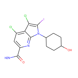 NC(=O)c1cc(Cl)c2c(Cl)c(I)n(C3CCC(O)CC3)c2n1 ZINC001772634166