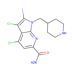 NC(=O)c1cc(Cl)c2c(Cl)c(I)n(CC3CCNCC3)c2n1 ZINC001772590392