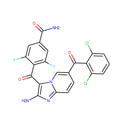 NC(=O)c1cc(F)c(C(=O)c2c(N)nc3ccc(C(=O)c4c(Cl)cccc4Cl)cn23)c(F)c1 ZINC000014945539