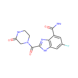 NC(=O)c1cc(F)cc2[nH]c(C(=O)N3CCNC(=O)C3)nc12 ZINC001772576974