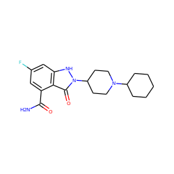 NC(=O)c1cc(F)cc2[nH]n(C3CCN(C4CCCCC4)CC3)c(=O)c12 ZINC000146735929