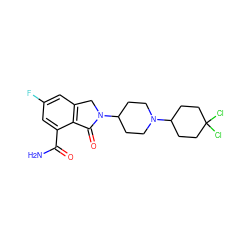 NC(=O)c1cc(F)cc2c1C(=O)N(C1CCN(C3CCC(Cl)(Cl)CC3)CC1)C2 ZINC000117413684