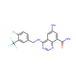 NC(=O)c1cc(N)cc2c(NCc3ccc(Cl)c(C(F)(F)F)c3)ncnc12 ZINC000114346109