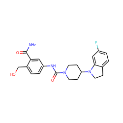 NC(=O)c1cc(NC(=O)N2CCC(N3CCc4ccc(F)cc43)CC2)ccc1CO ZINC000218632636