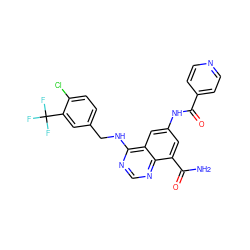 NC(=O)c1cc(NC(=O)c2ccncc2)cc2c(NCc3ccc(Cl)c(C(F)(F)F)c3)ncnc12 ZINC000114344418