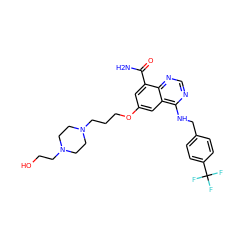 NC(=O)c1cc(OCCCN2CCN(CCO)CC2)cc2c(NCc3ccc(C(F)(F)F)cc3)ncnc12 ZINC000114349492