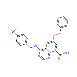 NC(=O)c1cc(OCc2ccccc2)cc2c(NCc3ccc(C(F)(F)F)cc3)ncnc12 ZINC000114346950