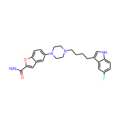 NC(=O)c1cc2cc(N3CCN(CCCCc4c[nH]c5ccc(F)cc45)CC3)ccc2o1 ZINC000013582491