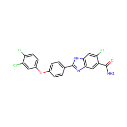 NC(=O)c1cc2nc(-c3ccc(Oc4ccc(Cl)c(Cl)c4)cc3)[nH]c2cc1Cl ZINC000034391995