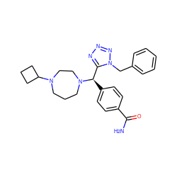 NC(=O)c1ccc([C@H](c2nnnn2Cc2ccccc2)N2CCCN(C3CCC3)CC2)cc1 ZINC000058592199