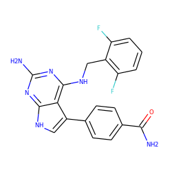 NC(=O)c1ccc(-c2c[nH]c3nc(N)nc(NCc4c(F)cccc4F)c23)cc1 ZINC000063539800