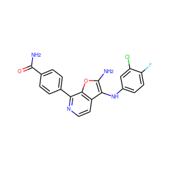 NC(=O)c1ccc(-c2nccc3c(Nc4ccc(F)c(Cl)c4)c(N)oc23)cc1 ZINC000222811393