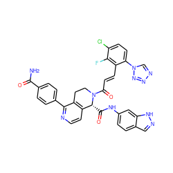 NC(=O)c1ccc(-c2nccc3c2CCN(C(=O)/C=C/c2c(-n4cnnn4)ccc(Cl)c2F)[C@@H]3C(=O)Nc2ccc3cn[nH]c3c2)cc1 ZINC000205349675