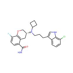 NC(=O)c1ccc(F)c2c1C[C@@H](N(CCCc1c[nH]c3c(Cl)cccc13)C1CCC1)CO2 ZINC000040938825