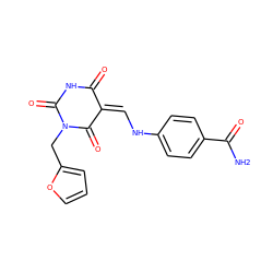 NC(=O)c1ccc(N/C=C2/C(=O)NC(=O)N(Cc3ccco3)C2=O)cc1 ZINC000009265686