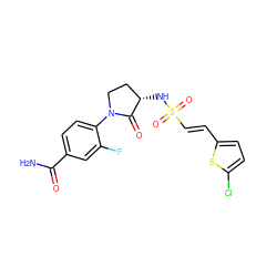 NC(=O)c1ccc(N2CC[C@H](NS(=O)(=O)/C=C/c3ccc(Cl)s3)C2=O)c(F)c1 ZINC000045350940