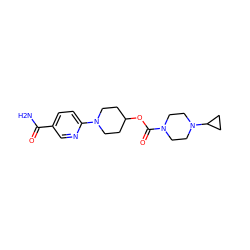 NC(=O)c1ccc(N2CCC(OC(=O)N3CCN(C4CC4)CC3)CC2)nc1 ZINC000207248363