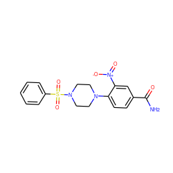 NC(=O)c1ccc(N2CCN(S(=O)(=O)c3ccccc3)CC2)c([N+](=O)[O-])c1 ZINC000005828782