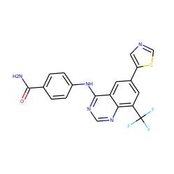 NC(=O)c1ccc(Nc2ncnc3c(C(F)(F)F)cc(-c4cncs4)cc23)cc1 ZINC000299850976