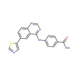 NC(=O)c1ccc(Nc2ncnc3ccc(-c4cncs4)cc23)cc1 ZINC000299852438