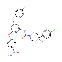 NC(=O)c1ccc(Oc2cc(NC(=O)N3CCC(O)(c4ccc(Cl)cc4)CC3)cc(Oc3ccc(F)cc3)c2)cc1 ZINC000224438188