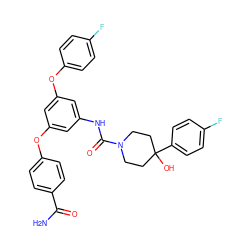 NC(=O)c1ccc(Oc2cc(NC(=O)N3CCC(O)(c4ccc(F)cc4)CC3)cc(Oc3ccc(F)cc3)c2)cc1 ZINC000224426923