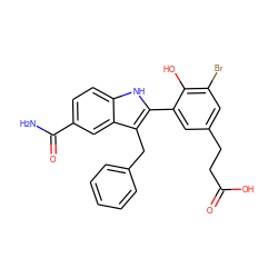 NC(=O)c1ccc2[nH]c(-c3cc(CCC(=O)O)cc(Br)c3O)c(Cc3ccccc3)c2c1 ZINC000029477255