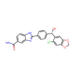 NC(=O)c1ccc2[nH]c(-c3ccc([C@H](O)c4cc5c(cc4Cl)OCO5)cc3)nc2c1 ZINC000038334575