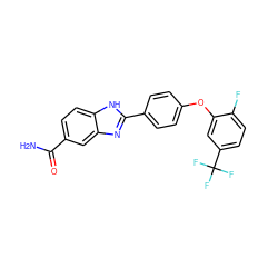 NC(=O)c1ccc2[nH]c(-c3ccc(Oc4cc(C(F)(F)F)ccc4F)cc3)nc2c1 ZINC000013612086