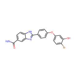 NC(=O)c1ccc2[nH]c(-c3ccc(Oc4ccc(Br)c(O)c4)cc3)nc2c1 ZINC000003815909