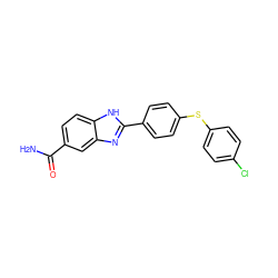 NC(=O)c1ccc2[nH]c(-c3ccc(Sc4ccc(Cl)cc4)cc3)nc2c1 ZINC000013612147