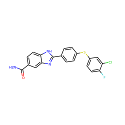 NC(=O)c1ccc2[nH]c(-c3ccc(Sc4ccc(F)c(Cl)c4)cc3)nc2c1 ZINC000003815904