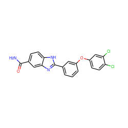 NC(=O)c1ccc2[nH]c(-c3cccc(Oc4ccc(Cl)c(Cl)c4)c3)nc2c1 ZINC000013612076