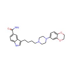 NC(=O)c1ccc2[nH]cc(CCCCN3CCN(c4ccc5c(c4)OCCO5)CC3)c2c1 ZINC000013582443