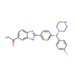 NC(=O)c1ccc2nc(-c3ccc([C@@H](c4ccc(Cl)cc4)N4CCNCC4)cc3)[nH]c2c1 ZINC000135897390