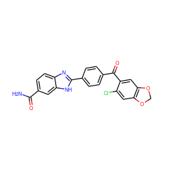 NC(=O)c1ccc2nc(-c3ccc(C(=O)c4cc5c(cc4Cl)OCO5)cc3)[nH]c2c1 ZINC000038334523